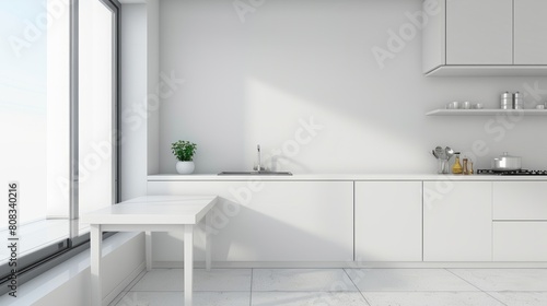 White and gray kitchen with table and blank wall hyper realistic 