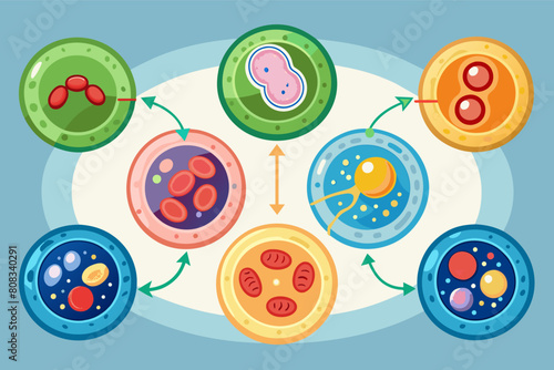 Colorful illustration of various animal cells connected by arrows, depicting different types and stages of cells in a circular layout on a light blue background.