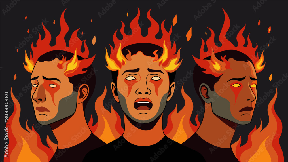 A series of photographs where the subjects faces are covered in flames their expressions contorted in fear and pain as if they are being consumed by. A series of photographs where the subjects faces are covered in flames their expressions contorted in fear and pain as if they are being consumed by.