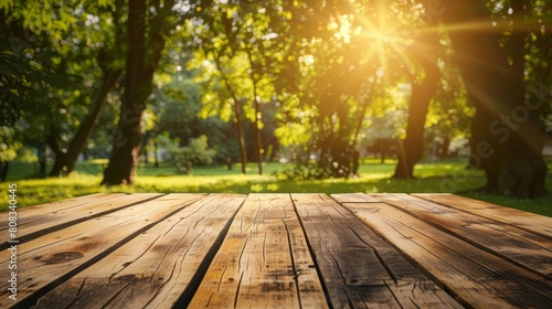 Wooden table top with copy space. Park background hyper realistic 