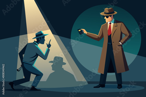 Illustration of three men in vintage detective attire under a street lamp at night, one standing and gesturing to another who is bending down, with a third man observing in the background. photo