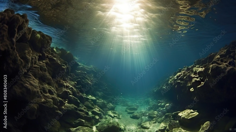 Sunlight Pours Into a Serene Underwater Cave, Illuminating the Rocky Seabed and Aquatic Tranquility Sunlight Pours Into a Serene Underwater Cave, Illuminating the Rocky Seabed and Aquatic Tranquility