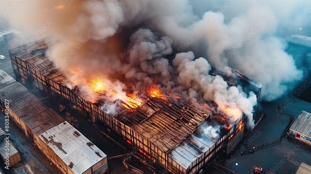Dramatic Aerial View of a Large Industrial Warehouse Engulfed in Flames and Smoke Dramatic Aerial View of a Large Industrial Warehouse Engulfed in Flames and Smoke