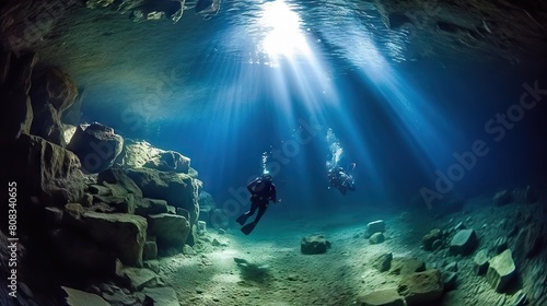 Scuba Divers Explore a Mysterious Underwater Cave Illuminated by Sunlight