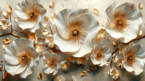 golden 3D flowers on a light background wallpaper