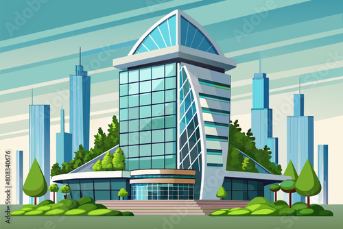 Illustration of a futuristic building with curved and angular glass structures, topped with green roofs and surrounded by lush greenery, set against a background of blue sky and fluffy clouds.
