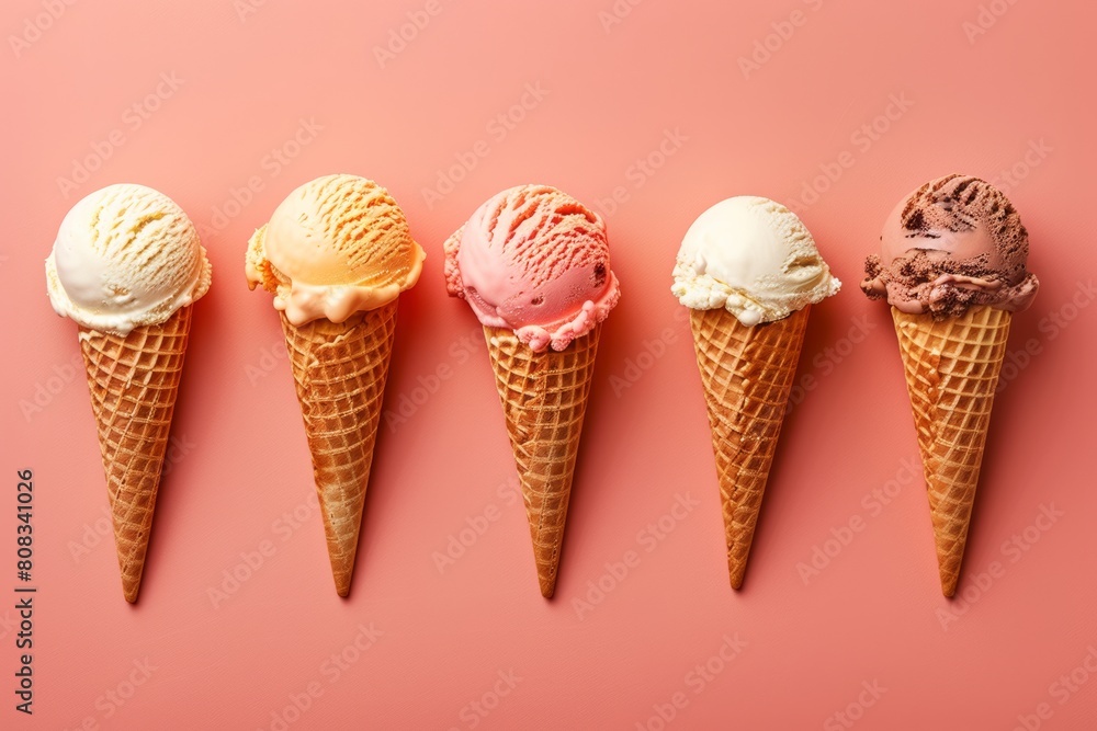 five different flavor ice cream cones on pastel peach pink color background. five different flavor ice cream cones on pastel peach pink color background.