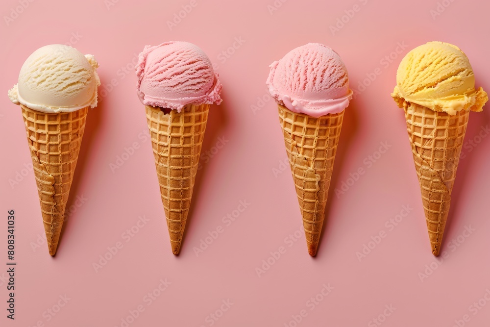 four different flavor ice cream cones on pastel peach pink color background. four different flavor ice cream cones on pastel peach pink color background.