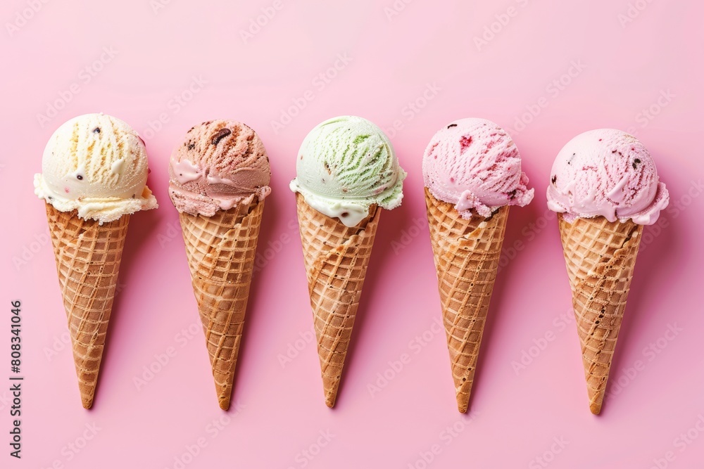 five different flavor ice cream cones on pastel pink color background. five different flavor ice cream cones on pastel pink color background.