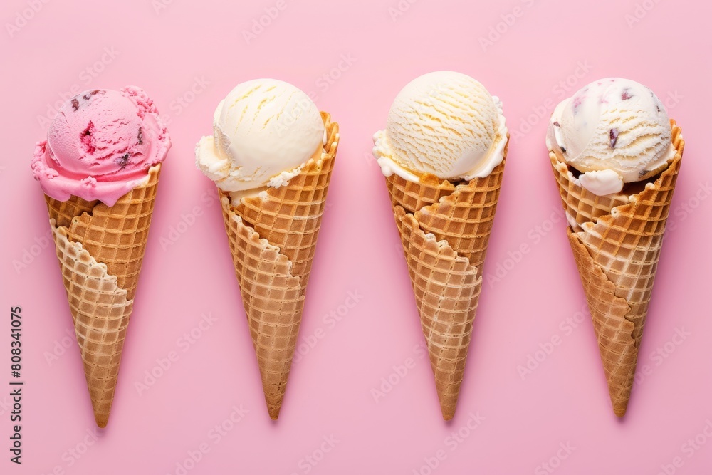 four different flavor ice cream cones on pastel pink color background. four different flavor ice cream cones on pastel pink color background.
