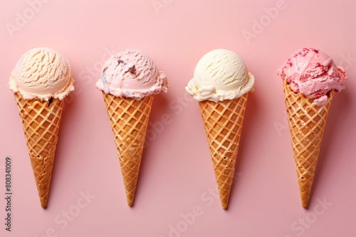 four different flavor ice cream cones on pastel peach pink color background. 