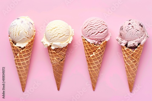 four different flavor ice cream cones on pastel pink color background. 