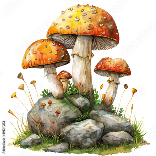 Red and white toadstools with yellow spots on their caps, transparent background png photo