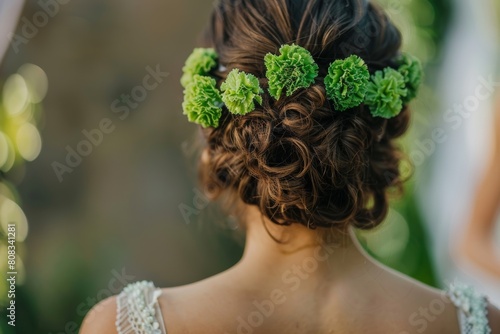 bridal green carnations flower headband on bride hair close-up view from behind. Hairstyle wedding idea.