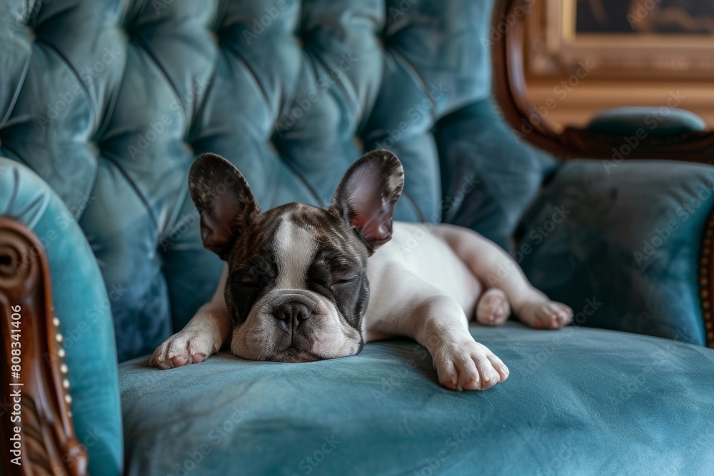 merle French bulldog puppy sleeping on a blue  velvet couch