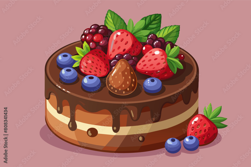 Illustration of a chocolate cake topped with strawberries, blueberries, and a chocolate drizzle, with additional berries scattered around it on a maroon background. Illustration of a chocolate cake topped with strawberries, blueberries, and a chocolate drizzle, with additional berries scattered around it on a maroon background.