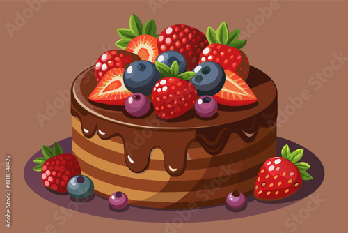 Illustration of a chocolate cake topped with strawberries, blueberries, and a chocolate drizzle, with additional berries scattered around it on a maroon background.