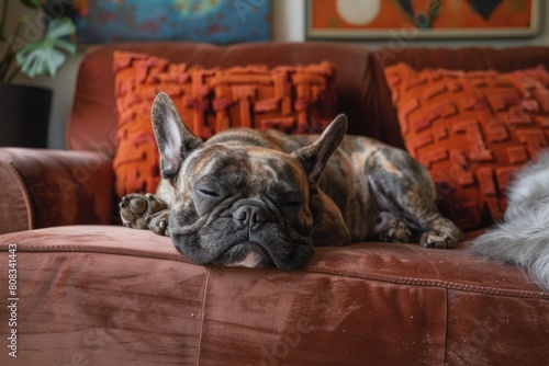 merle French bulldog puppy sleeping on a vibrant couch maximalist interior design