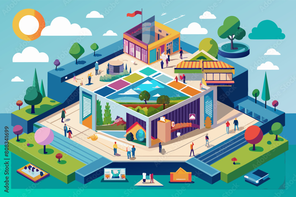 Isometric illustration modern school campus with multiple buildings, an outdoor basketball court, a swimming pool, solar panels, and green spaces, surrounded by trees and mountains Isometric illustration modern school campus with multiple buildings, an outdoor basketball court, a swimming pool, solar panels, and green spaces, surrounded by trees and mountains