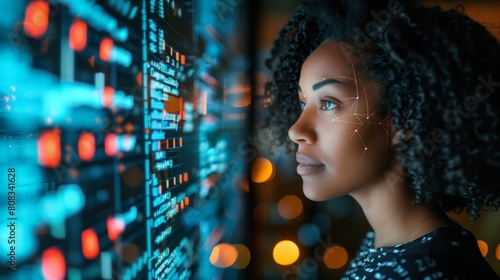 Beautiful serious young African American businesswoman using laptop with immersive facial recognition interface in blurry office. Concept of biometric scanning and authentication