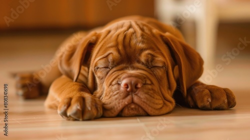 A little red dogue de Bordeaux puppy sleeps on the floor photo