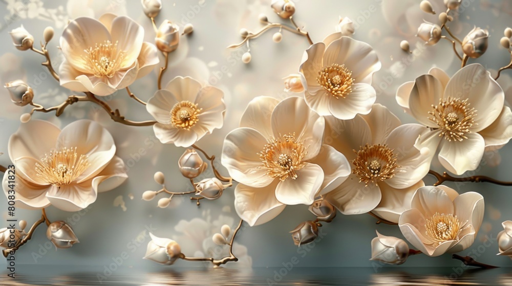 golden 3D flowers on a light background wallpaper