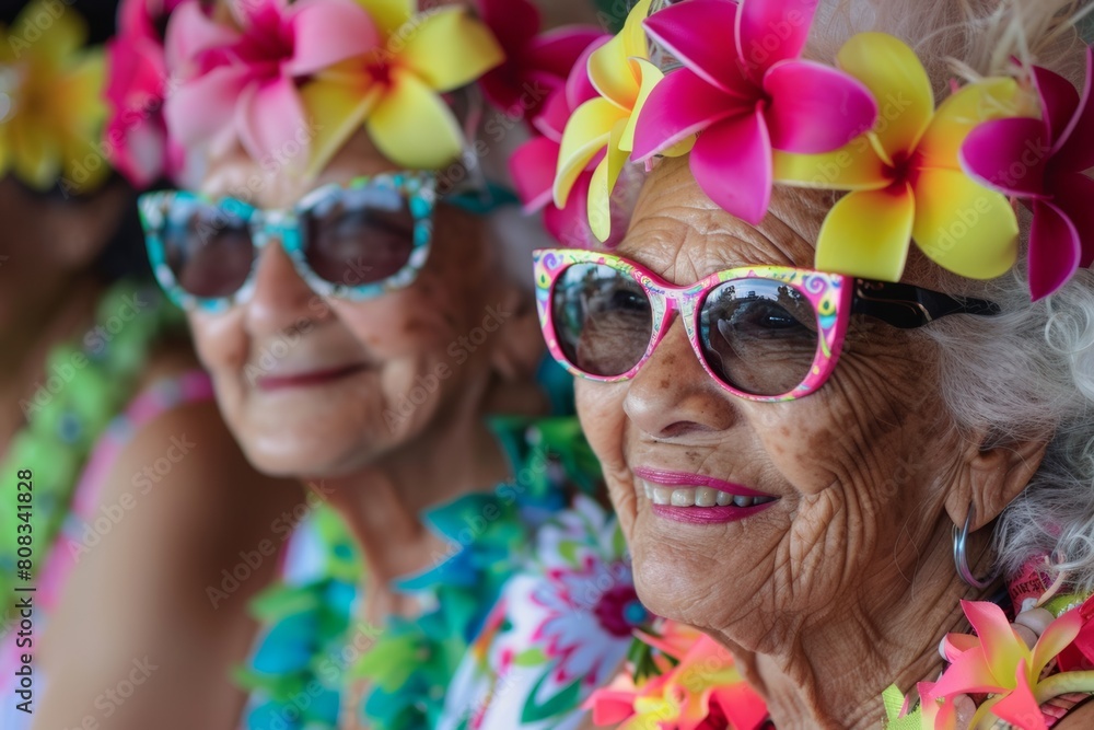 senior retired women at hawaiian party at beach bar. Happy retirement lifestyle. senior retired women at hawaiian party at beach bar. Happy retirement lifestyle.