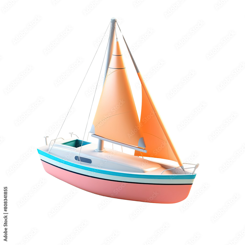 3D , pink and white toy sailboat with an orange sail, transparent background