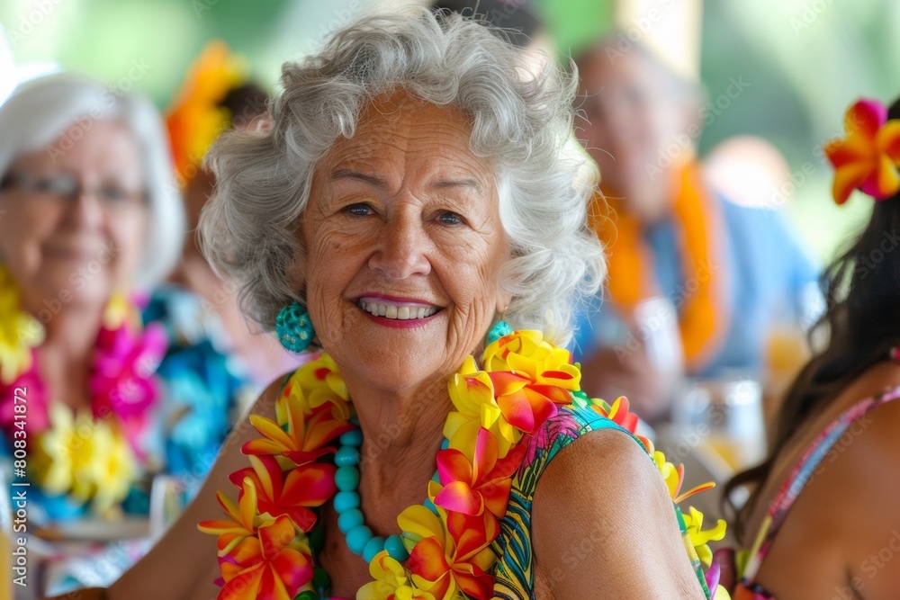 senior retired women at hawaiian party at beach bar. Happy retirement lifestyle.