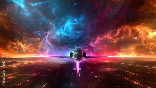 Sci-fi spaceship accelerating on runway with fast abstract motion blur effect. Concept Sci-fi, Spaceship, Accelerating, Abstract Motion Blur, Runway