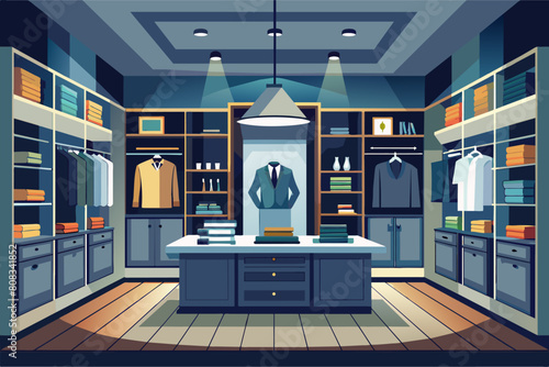 Illustration of a luxurious walk-in closet with neatly organized shelves containing books, shirts, suits, and folded clothing, featuring a center desk, elegant hanging lamp