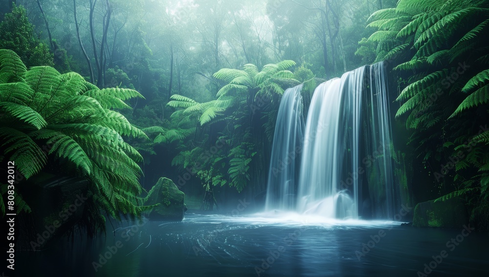 Cinematic photo of a waterfall in a rainforest, with mossy rocks and ferns Cinematic photo of a waterfall in a rainforest, with mossy rocks and ferns