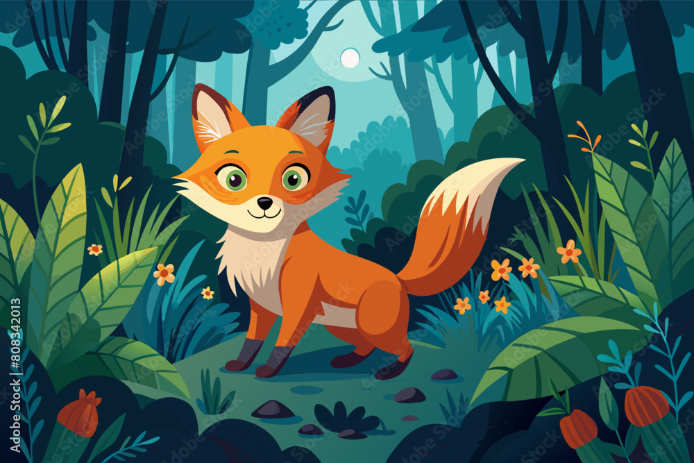 Illustration of a cartoon fox standing in a lush forest, surrounded by dense foliage and flowers, with large expressive eyes and a fluffy tail.