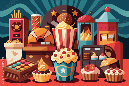 Colorful illustration of a concession stand filled with various snacks including popcorn, hot dogs, candies, fruits, soda, and pretzels, set against a blue background.
