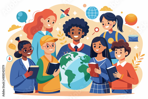 group of students standing around a globe with educational and innovative icons like books, a lightbulb, and leaves in the background. The students are smiling and holding books