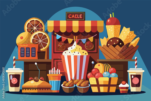 Colorful illustration of a concession stand filled with various snacks including popcorn, hot dogs, candies, fruits, soda, and pretzels, set against a blue background. photo