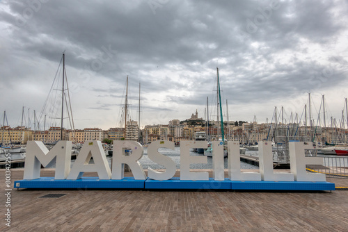 Fototapeta Naklejka Na Ścianę i Meble -  Large letters form the name of the city in Vieux-Port, Marseille, France.