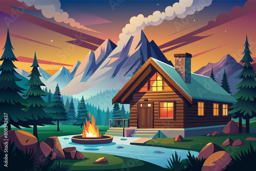 Illustration of a scenic mountain landscape at dusk featuring a cozy wooden cabin with a smoking chimney, surrounded by pine trees, a tranquil pond, and a small campfire.