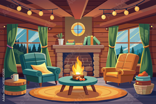 Cozy cabin interior with a warm fireplace, two armchairs, a wooden coffee table, and a view of pine trees outside the windows.