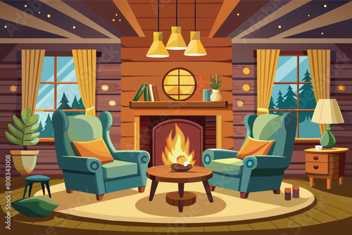 Cozy cabin interior with a warm fireplace, two armchairs, a wooden coffee table, and a view of pine trees outside the windows.