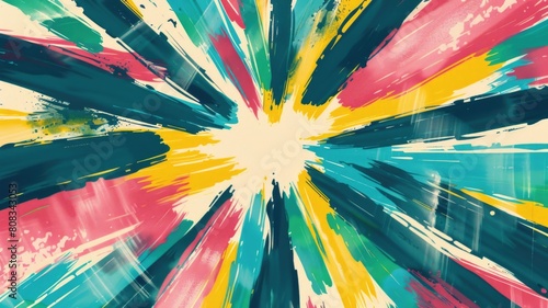 Bright and joyful brushstrokes in a radial pattern from the center, featuring party colors like pink, yellow, and teal.