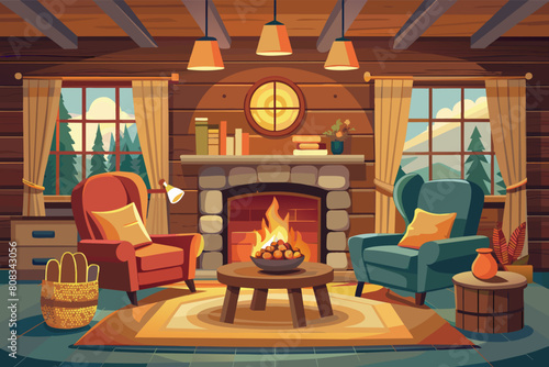 Cozy cabin interior with a warm fireplace, two armchairs, a wooden coffee table, and a view of pine trees outside the windows.