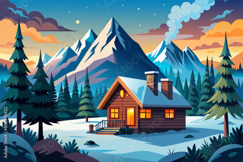 Illustration cabin with a lit chimney in a mountainous, forested landscape at twilight. campfire in the foreground and snow-capped mountains in the background under a starry sky with a comet visible.