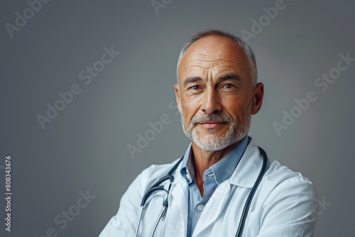 Portrait of a mature male doctor with stethoscope on a gray background