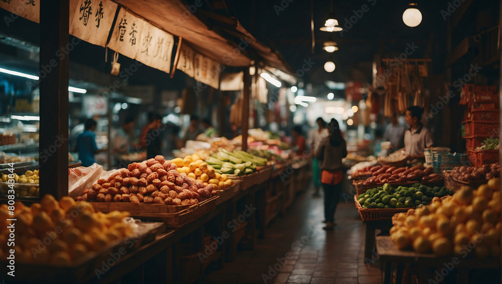 Chinese bazaar, street market with rows of fresh farm goods and shoppers. Chinese sellers and buyers in the evening at producers' market. Asian traditional food at the farmers market. Chinese market