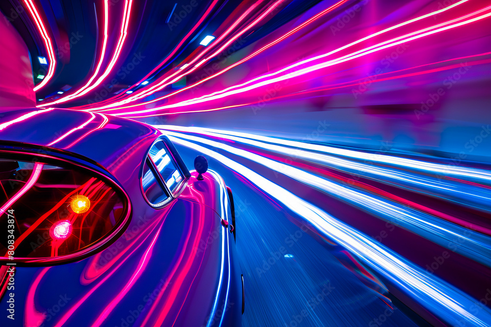 A car driving through a tunnel with light trails.