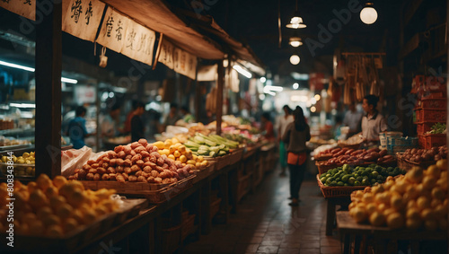 Chinese bazaar, street market with rows of fresh farm goods and shoppers. Chinese sellers and buyers in the evening at producers' market. Asian traditional food at the farmers market. Chinese market