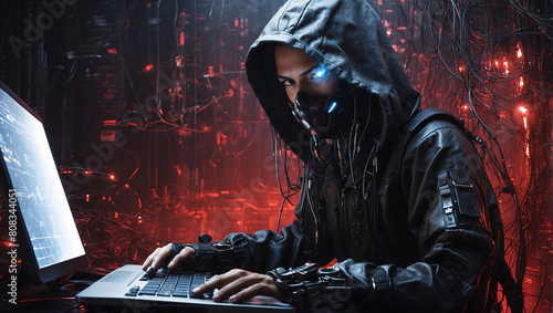 Cyborg hacker sitting in server room with many electrical wires in background launches cyber attack using laptop. Computer hacker in hoodie. Concept of hacker attack, darknet and cybersecurity photo