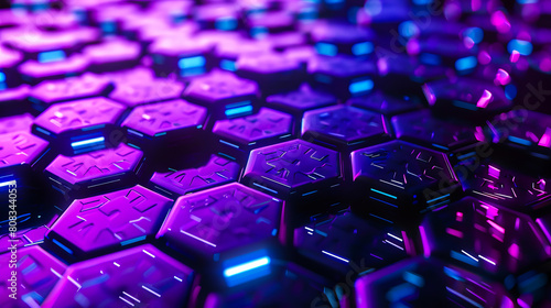 A purple and blue background with hexagons.