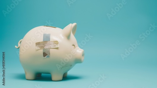 White piggy bank with two small patches glued to the side in the shape of a cross, blue background, copy and text space, 16:9 © Christian